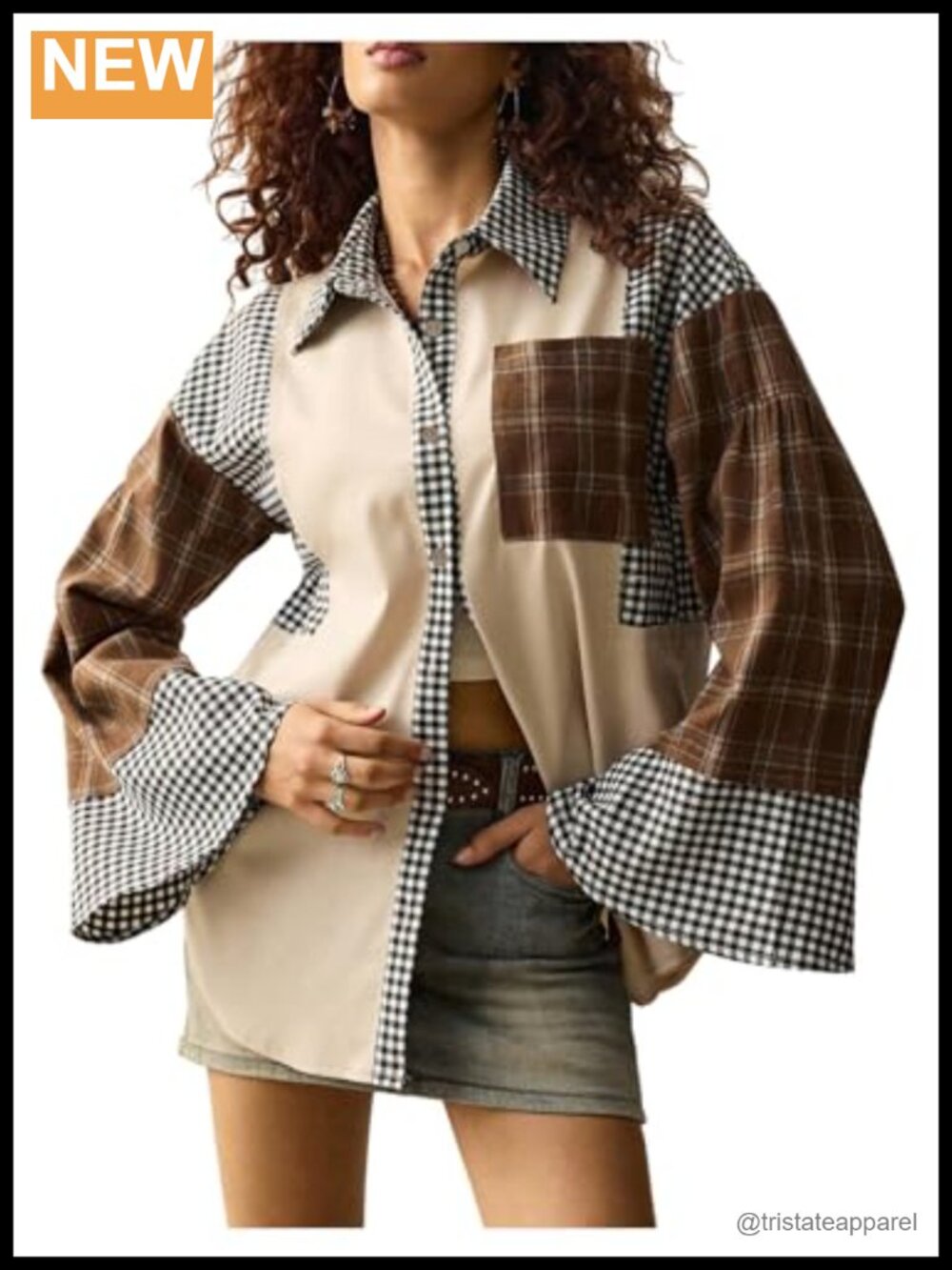 Women's Plaid Patchwork Bell Long Sleeve Button Down Shirt Top
